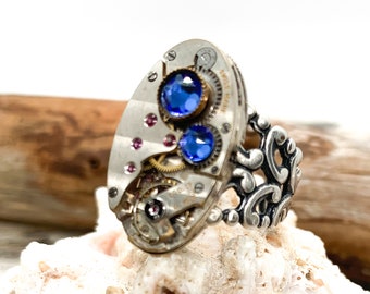 Steampunk Jewelry Ring Silver Vintage Swiss Made Jeweled Watch Movement Ring SEPTEMBER Birthstone Sapphire Crystals Joni Couture OOAK