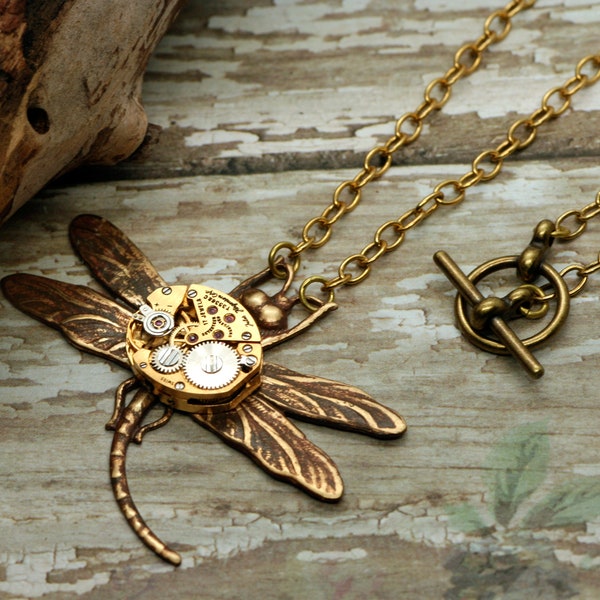 Steampunk Dragonfly Watch Movement Necklace-Victorian Necklace-Woodland Necklace-Nature Necklace-Time Flies For Her  Joni Couture
