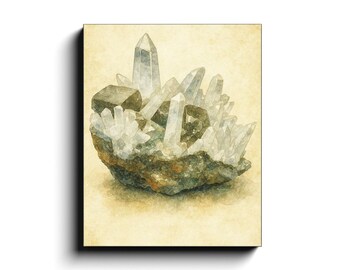 Stampa su tela di cristallo di quarzo rustico, illustrazione di minerali antichi, decorazione vintage con pietre preziose su tela.