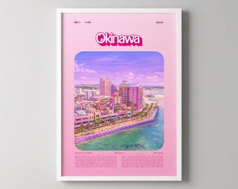 Lámina con paisaje urbano de Okinawa, póster de ciudad, arte mural rosa retro glamuroso - Póster, marco o acrílico