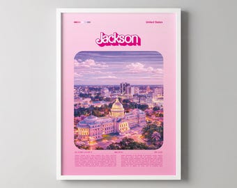 Póster de la ciudad de Jackson, arte mural de la ciudad, arte mural rosa retro glamuroso - Póster, marco o acrílico