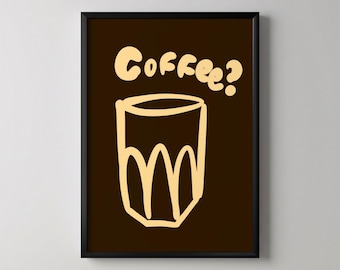 Koffie muurkunst, lichtgele tekst, glas koffie tekening, bruine achtergrond, keukendecor, moderne muurkunst, woondecoratie print