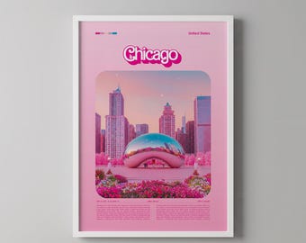 Impresión rosa de Chicago: luces urbanas retro, arte mural moderno (póster, marco o acrílico)
