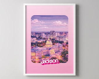 Lámina con paisaje urbano de Jackson, arte mural rosa retro glamuroso: póster, marco o acrílico.