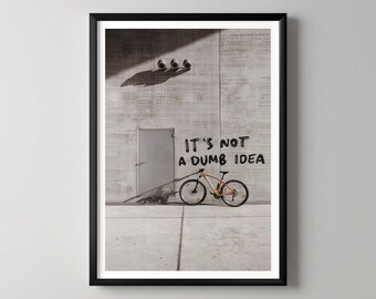 Arte mural único, decoración original, notas manuscritas rasgadas, fondo de bicicleta, lámina artística "No es una idea tonta", decoración del hogar, diseño en capas.