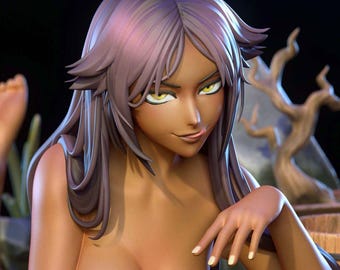 May include: A detailed figurine of a woman with dark skin and long, lavender hair. She has yellow eyes and a suggestive expression. The figure is posed in a relaxed position, with one hand resting on her chest.