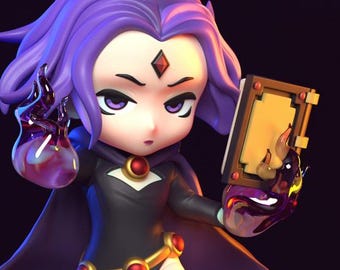 May include: A stylized figurine of Raven from Teen Titans. The figure has purple hair, a black bodysuit, and a purple cape. She holds a book and a glowing orb, standing on a base of purple flames. The figure has a gold belt with red accents.