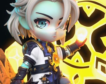 May include: A detailed figurine of a character with white hair, blue eyes, and a blue and white outfit. The figure is holding a glowing orb, with a golden, geometric design in the background. The figure is seated on a rocky surface.