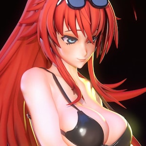 Puede incluir: Una figura de estilo anime renderizada en 3D con largo cabello rojo, que lleva un top de bikini negro, pantalones cortos de mezclilla y sostiene una pistola de agua amarilla, naranja y azul. Gafas de sol descansan sobre la cabeza de la figura. Una pulsera turquesa está en la muñeca.