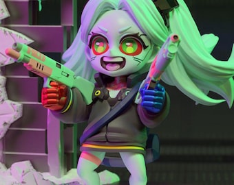 May include: A stylized figurine of a female character with green hair in pigtails, holding two toy guns. The figure wears a black jacket, a blue strap, and has a zombie-like appearance with red accents. The background is a post-apocalyptic scene.