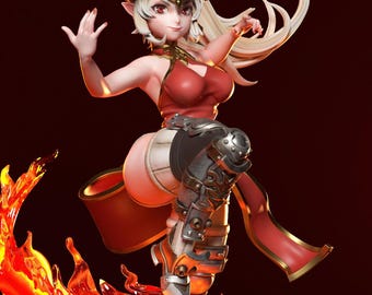 May include: A 3D-rendered figurine of a female fantasy character with white hair, red eyes, and horns. She wears a red top, metal armor, and stands on a base with orange flames. The figure is posed dynamically, with one arm raised.