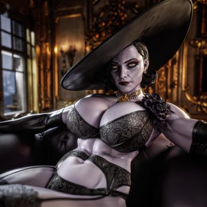 Può includere: Una figura dalla pelle pallida che indossa un cappello nero a tesa larga, un reggiseno in pizzo scuro con un dettaglio a rosa nera e lingerie in pizzo abbinata. La figura presenta rossetto rosso scuro, una collana girocollo dorata e guanti neri.