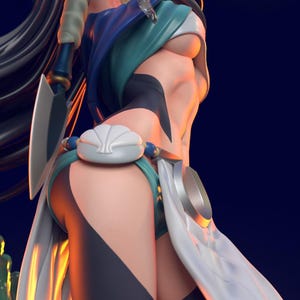 Puede incluir: Renderizado 3D detallado de un personaje femenino de fantasía. Viste un atuendo turquesa y blanco con detalles en negro, un cinturón con forma de concha y una pulsera plateada. Sostiene una lanza con una hoja de cristal.