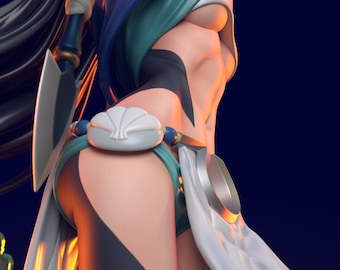 May include: A 3D render of a female fantasy character in a teal and white outfit with black accents. She has a seashell-shaped belt, silver arm band, and holds a spear with a crystal blade. Long black hair completes the look.