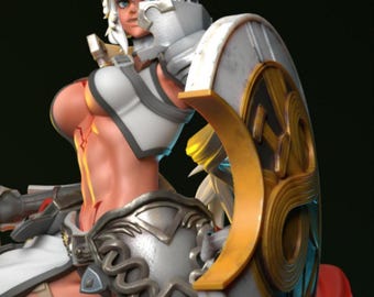 May include: A detailed figurine of a warrior in white and silver armor, holding a shield with gold accents. The figure has white hair, blue eyes, and a red cape. The armor has intricate designs.