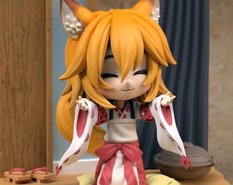 May include: A detailed figurine of a character with fox-like features, wearing a traditional Japanese outfit with red and white accents. The figure has orange hair and is posed with open arms. Small wooden sandals are visible.