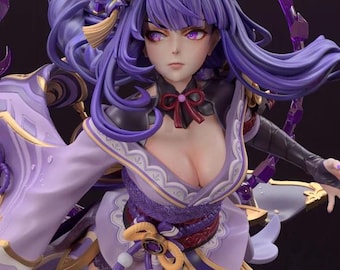 May include: A detailed figurine of a female character with long, flowing purple hair and purple eyes. She wears a lavender and purple outfit with gold accents and a decorative bow. The figure has a dynamic pose and is set against a dark background.