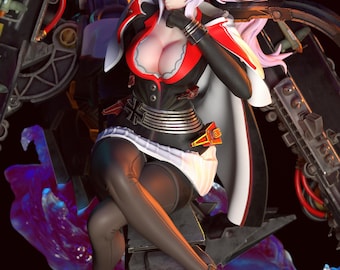 May include: A detailed figurine of a woman in a black and red military-style uniform, complete with a hat. The figure has pale skin, pink hair, and is posed with one hand near her face. The figure is set against a backdrop of mechanical elements.