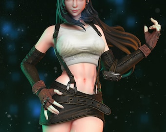 May include: A detailed figurine of a woman with long black hair, wearing a white crop top, black skirt, and fingerless gloves. The figure has a determined expression and is posed against a dark, blurred background.