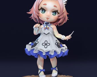 May include: A detailed figurine of a character with pink hair, cat ears, and a white dress with blue accents. The figure is holding a small triangle instrument and a mallet. It stands on a wooden base.