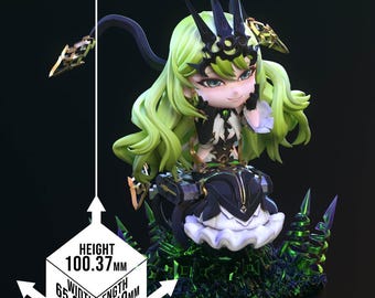 May include: A detailed figurine of a character with green hair and a black and white outfit. The figurine is mounted on a base with green and black accents. The dimensions are: height 100.37 mm, width 65.37 mm, and length 75.19 mm.