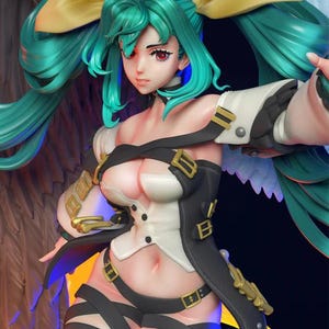 Op de afbeelding: Gedetailleerd beeldje van een vrouwelijk personage met turquoise haar en rode ogen. Ze draagt een zwart-witte outfit met gouden accenten en zwarte bandjes. Het beeldje heeft een dynamische pose, die beweging suggereert.