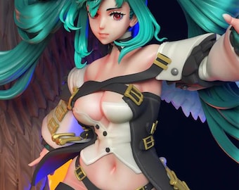 May include: A detailed figurine of a female character with teal hair and red eyes. She wears a black and white outfit with gold accents and black straps. The figure has a dynamic pose, suggesting movement, and is likely a collectible item.