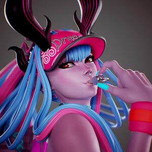 May include: A stylised figurine featuring a character with long blue hair, wearing a pink visor with the word Dragon printed on it, and large black horns. The character has red eyes, bright blue fingernails, and a wide orange and pink wristband.