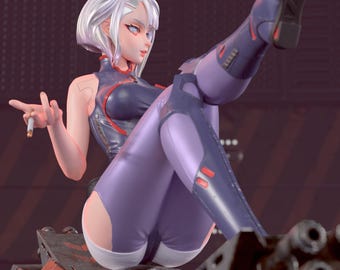 May include: A futuristic figurine of a woman with short white hair, wearing a dark blue and purple bodysuit. She is seated on a red and grey mechanical structure, holding a cigarette. The figurine has a stylized design.