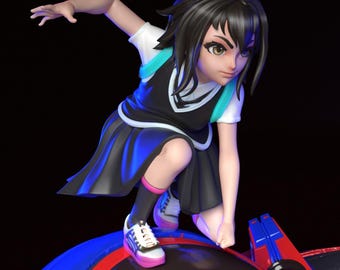 May include: A 3D-rendered figurine of a young person in a black and white school uniform, poised on a red, blue, and black sphere. The figure has dark hair, brown eyes, and white sneakers with pink accents. The pose suggests action or movement.