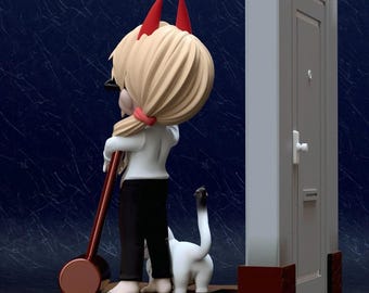 May include: A figurine of a character with blonde hair, red horns, and a white shirt, holding a red object. A white cat with a black tail stands nearby. A white door is to the right, all on a brown base.