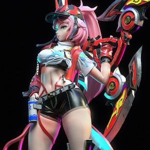 Puede incluir: Figura detallada de un personaje femenino con cabello rosado, que lleva una gorra, una parte superior blanca y azul, pantalones cortos negros y detalles en rojo. Sostiene un arma futurista y un bote de spray. La figura tiene una pose dinámica sobre un fondo negro.
