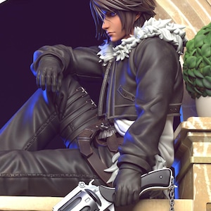 May include: A detailed figurine of a character with brown hair, blue eyes, and a scar. The figure wears a black jacket with a white fur collar, black pants, and gloves. A silver revolver is held in the figure's hand.