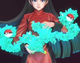 May include: A detailed figurine of a character with long green hair and a red and black outfit. The figure is surrounded by glowing turquoise energy and holds two Poké Balls. The figure is a collectible item.