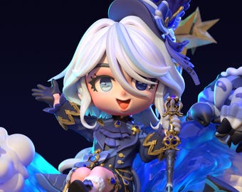 May include: A detailed figurine of a cartoon character with white hair, wearing a dark blue outfit with gold accents and a tall hat. The character is holding a staff and sitting on a blue, wave-like structure. The background is dark blue.