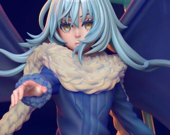 May include: A detailed figurine of a character with light blue hair and yellow eyes. The figure wears a blue outfit with a white fur-like collar and dark blue wings. The figure is posed with one arm extended.