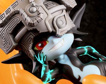 May include: A detailed figurine of a character with a light blue face, red eyes, and a silver helmet. The figure has black and dark blue clothing with glowing blue accents. The character is posed on a bright orange surface.