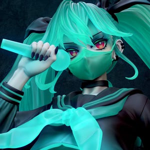 May include: A stylized illustration of a character with teal hair and eyes, wearing a mask and holding a microphone. The character is dressed in a black uniform with a teal bow. The word "VOCALOID" is in the upper right corner.