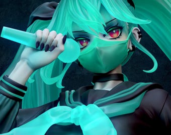 May include: A digital illustration of a character with teal hair and eyes, wearing a mask and holding a microphone. The character is dressed in a black uniform with a teal bow. The word "VOCALOID" is in the upper right corner.