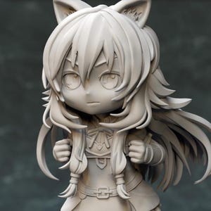 May include: An unpainted figurine of a young character with cat ears and long hair. The figure is in a dynamic pose, with clenched fists. The character wears a detailed outfit with a belt and decorative elements. The figurine has a determined expression.