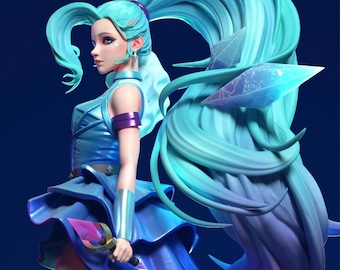May include: A detailed figurine of a character with long, flowing turquoise hair and a matching blue outfit. The figure is holding a pink and silver sword. The hair transitions to purple at the ends. The figure is posed with one arm raised.