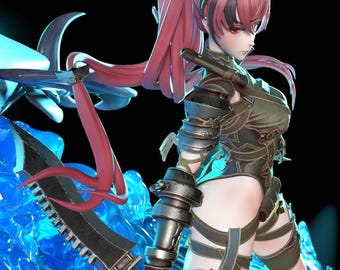 May include: A detailed figurine of a female warrior with long pink hair and a stern expression. She wears dark armor and holds a large, serrated sword. The figure stands on a blue, crystalline base against a black background.