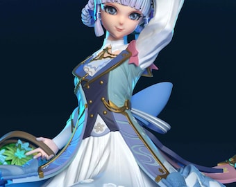 May include: A detailed figurine of a female anime character with light blue hair and a straw hat. She wears a white dress with blue and gold accents, holding a basket of flowers. The figure has a serene expression and is set against a dark blue background.