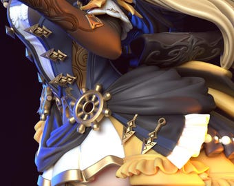 May include: A detailed figurine featuring a character in a navy blue and gold outfit. The figure has long blonde hair and is adorned with intricate gold accents, including a decorative wheel and ornate trim. The outfit incorporates white, black, and yellow elements.