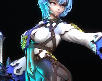May include: A detailed figurine of a female character with light blue hair and a white and black outfit. The figure has a determined expression and is holding a sword. The outfit includes black shorts and a white top with blue accents.