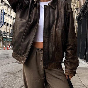 Women Classic Brown Leather Bomber jacket, Oversized Straight Cut Sheep Leather Jacket. Ladies Leather jacket, Ladies Soft leather jacket
