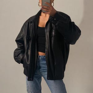 Women Classic black Leather Bomber jacket, Oversized Straight Cut Sheep Leather Jacket. Ladies Leather jacket, Ladies Soft leather jacket