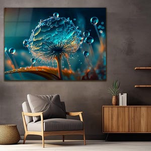 Close-Up Mystical Dandelion with Dewdrops – Tempered Glass Wall Art – Teal and Amber Nature Print – Elegant Floral Home Decor