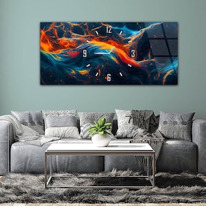 Blue & Orange Nebula Wall Clock – Cosmic Energy Tempered Glass Art – Abstract Swirl Decor – Elegant Gift for Home or Office