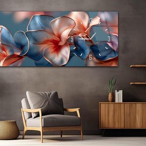 Dreamy Abstract Floral Clock - Blue and Copper Petals Tempered Glass Wall Art - Luxury Living Room Decor - Serene Gift for Mom or Her